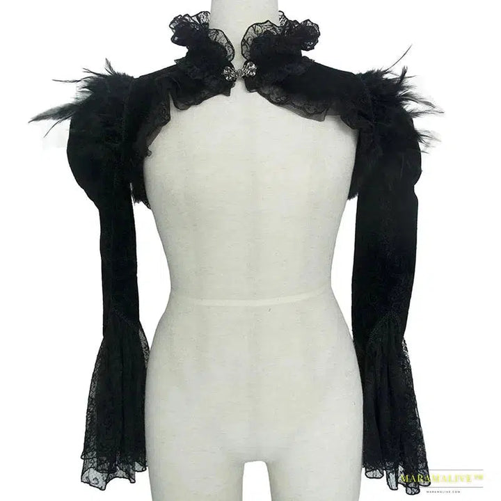 Maramalive™ Handmade Gothic Black Flannel Victorian Jacket - Feather & Lace Details, Flared Sleeves, Stand Collar