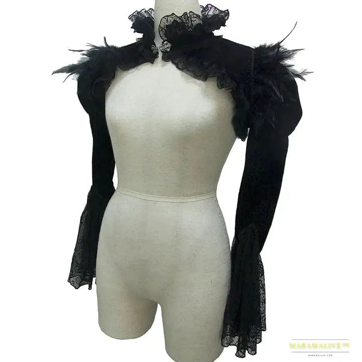 Maramalive™ Handmade Gothic Black Flannel Victorian Jacket - Feather & Lace Details, Flared Sleeves, Stand Collar