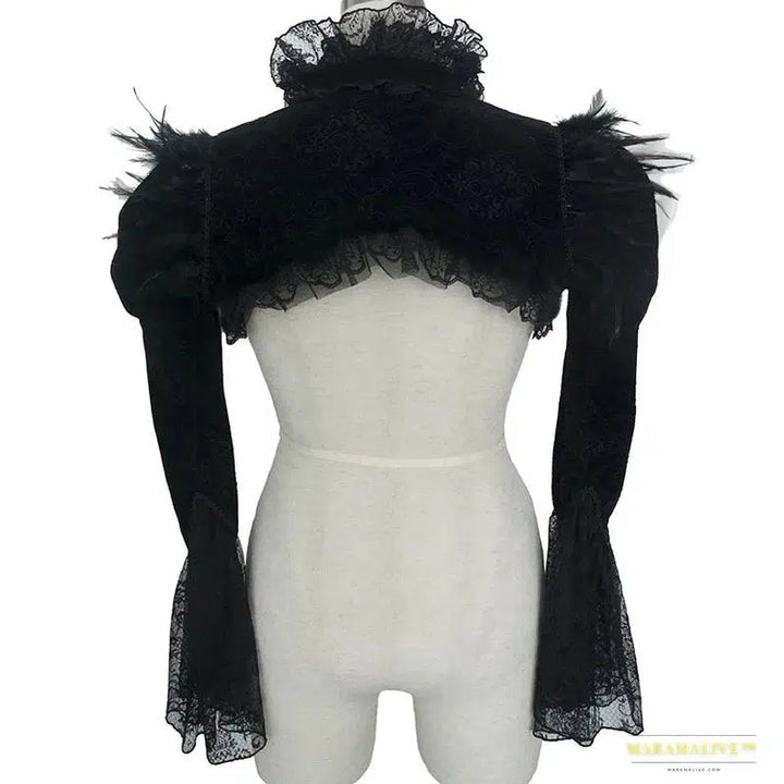 Maramalive™ Handmade Gothic Black Flannel Victorian Jacket - Feather & Lace Details, Flared Sleeves, Stand Collar