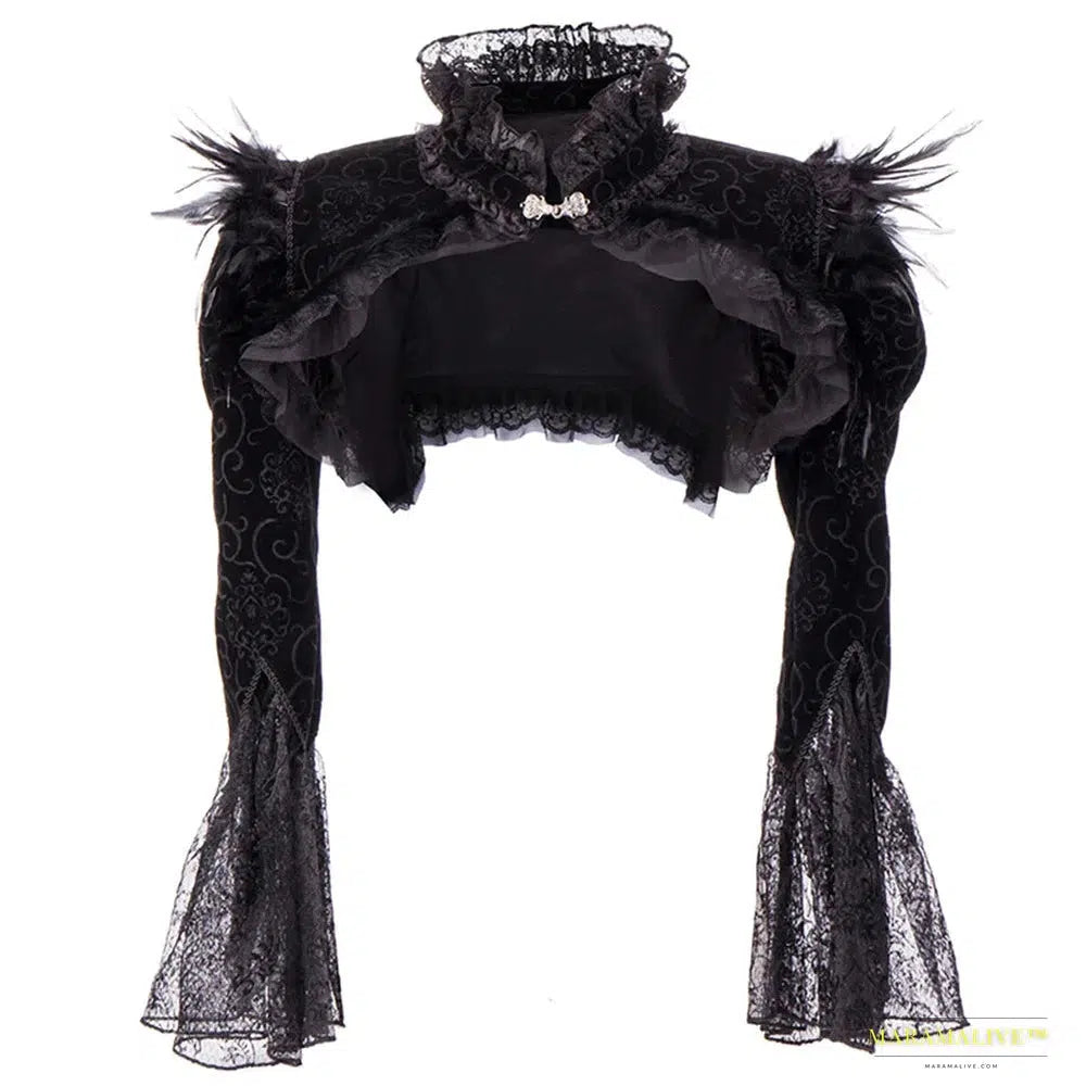 Maramalive™ Handmade Gothic Black Flannel Victorian Jacket - Feather & Lace Details, Flared Sleeves, Stand Collar