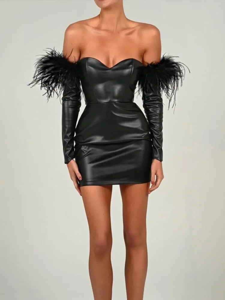 Maramalive™ Handmade Off-Shoulder Feather Sleeve PU Leather Mini Dress: Unique Sexy Costume for Party & Clubbing