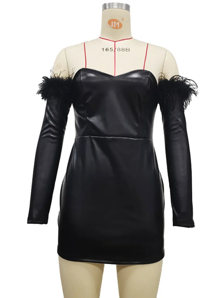 Maramalive™ Handmade Off-Shoulder Feather Sleeve PU Leather Mini Dress: Unique Sexy Costume for Party & Clubbing