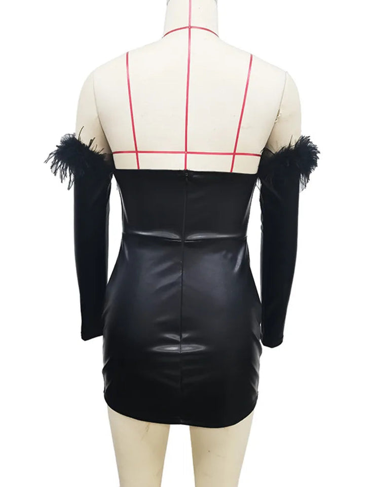 Maramalive™ Handmade Off-Shoulder Feather Sleeve PU Leather Mini Dress: Unique Sexy Costume for Party & Clubbing