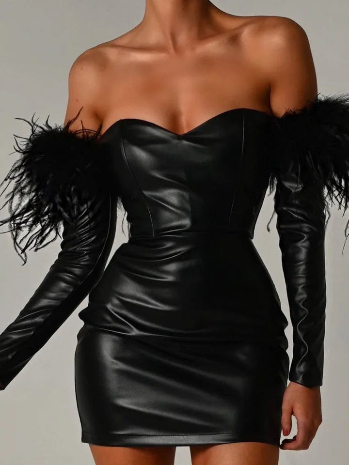 Maramalive™ Handmade Off-Shoulder Feather Sleeve PU Leather Mini Dress: Unique Sexy Costume for Party & Clubbing