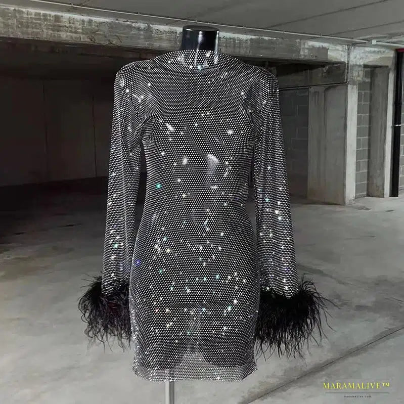 Maramalive™ Handmade Round Neck Crystal Rhinestone Ostrich Feather Long Sleeve Mesh Dress