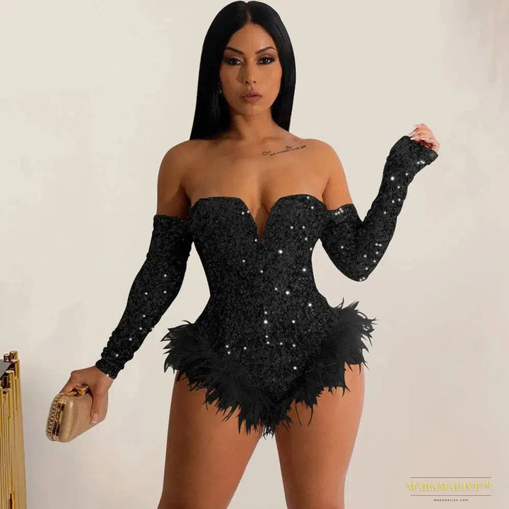 Maramalive™ Handmade Silver Gold Sequin Feather Bodysuit - Glamorous Party Corset Jumpsuit