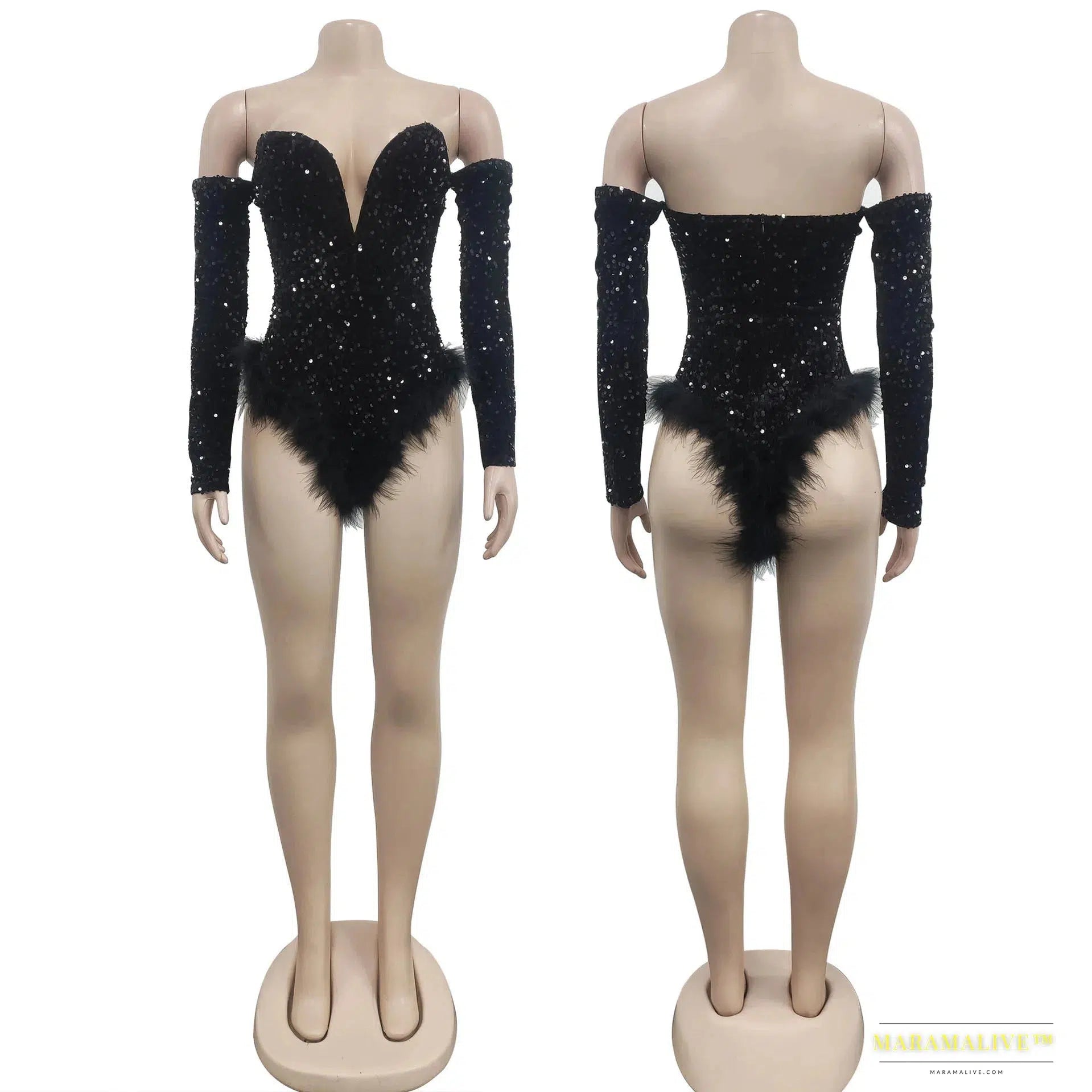 Maramalive™ Handmade Silver Gold Sequin Feather Bodysuit - Glamorous Party Corset Jumpsuit