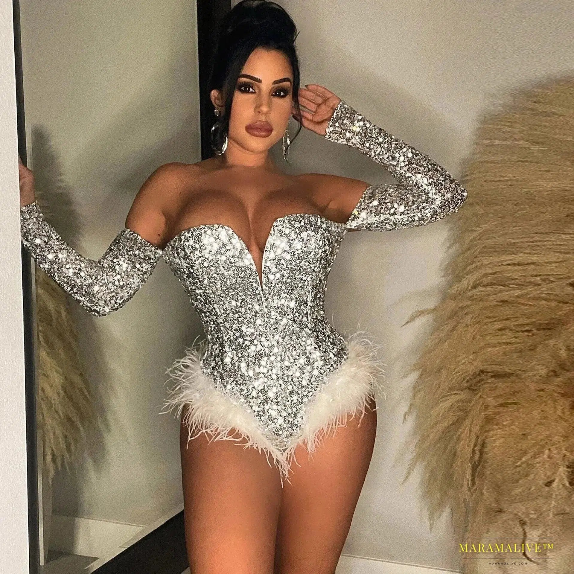 Maramalive™ Handmade Silver Gold Sequin Feather Bodysuit - Glamorous Party Corset Jumpsuit