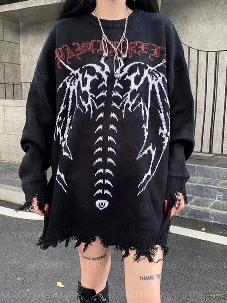 Maramalive™ Harajuku Cyber Y2k Gothic Sweater Women Streetwear Grunge Emo Alt Skeleton Long Sleeve Loose Casual Knitted Pullovers