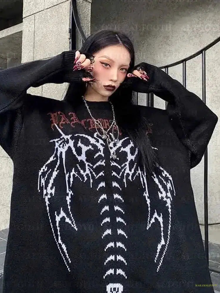 Maramalive™ Harajuku Cyber Y2k Gothic Sweater Women Streetwear Grunge Emo Alt Skeleton Long Sleeve Loose Casual Knitted Pullovers