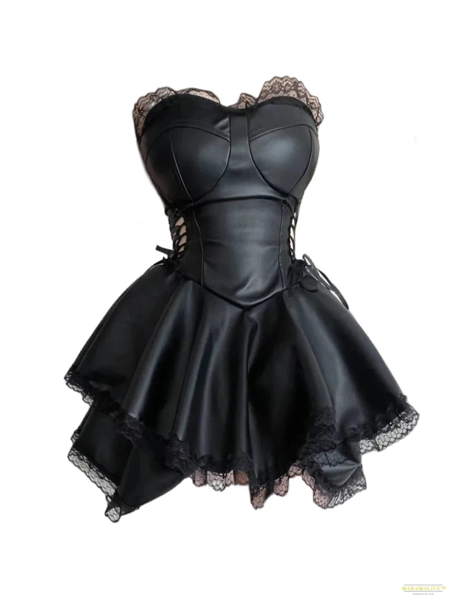 Maramalive™ Homemade Gothic Ballet Style Spicy Girl Side Waist Hollow Lace Cake Bra Dress Dark Black Lace Fluffy Skirt