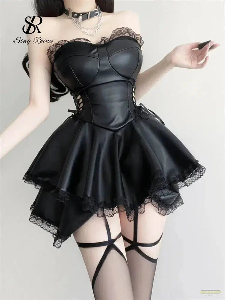 Maramalive™ Leather Sheath Sexy Dress Strapless A-line Solid Lace Up Ruffles Dress Fashion Women PU Spliced Lace Sensual Dress