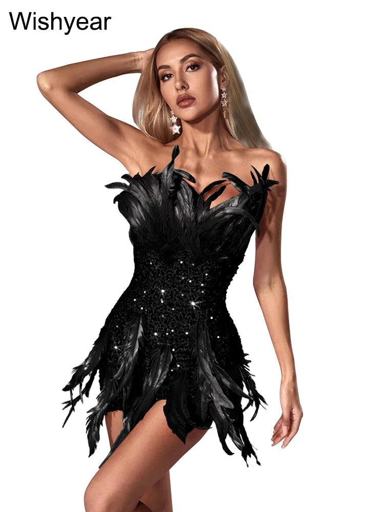 Maramalive™ Luxury Birthday Bash Glitter Sequin Velvet Feather Off-Shoulder Short Dress