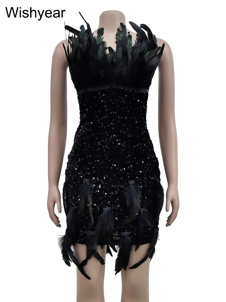 Maramalive™ Luxury Birthday Bash Glitter Sequin Velvet Feather Off-Shoulder Short Dress