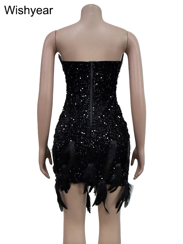 Maramalive™ Luxury Birthday Bash Glitter Sequin Velvet Feather Off-Shoulder Short Dress