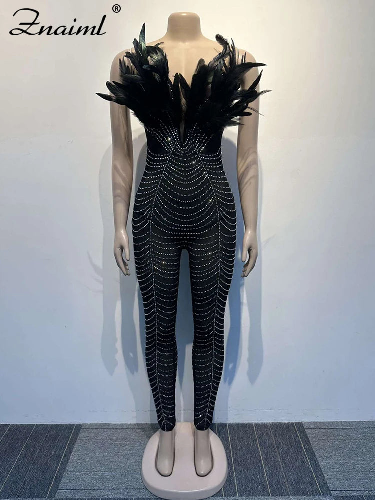 Maramalive™ Luxury Handmade Rhinestones Feathers Strapless Deep V-neck Mesh Black Jumpsuit - Ideal Costume for Parties & Nightclubs