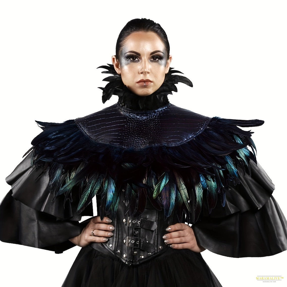 Maramalive™ Maleficent Witch Feather Collar & Crow Shawl - Halloween Costume Accessory, Polyester Swan Wing Cape For Women