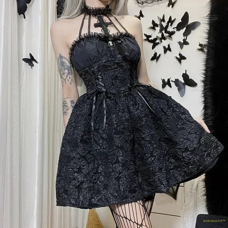 Maramalive™ Mall Gothic Emo Jacquard A-line Dresses Goth dress Elegant Grunge Ruched Bandage Partywear Punk Black Women Halloween Club Dress