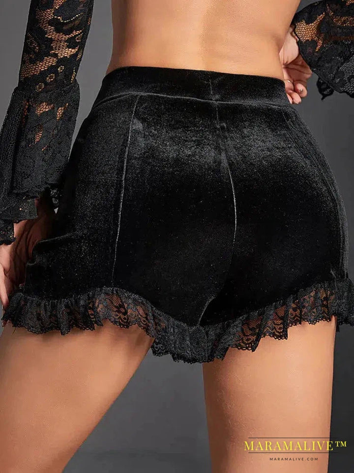 Maramalive™ Mall Gothic Velvet Ruched Sexy Shorts Skirts E-girl Grunge High Waist Skinny Bottoms Women Lace Hem Fall Alt Clothes