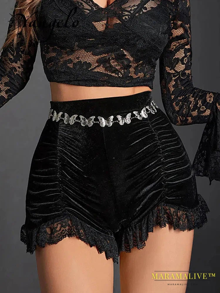 Maramalive™ Mall Gothic Velvet Ruched Sexy Shorts Skirts E-girl Grunge High Waist Skinny Bottoms Women Lace Hem Fall Alt Clothes