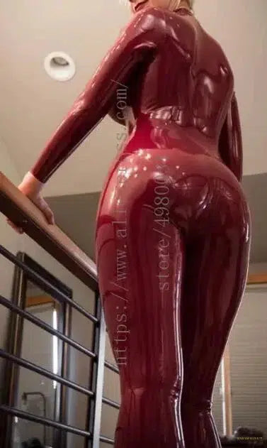 Maramalive™ New 100% handmade latex Zentai women's dark red catsuit with front zip decoration