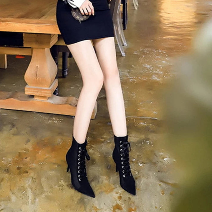 Maramalive™ New Fashion Punk Women Ankle Boots Cross Straps Lace Up Pointed Toe High Heel Winter Black Chelsea Pumps Suede Short Boots