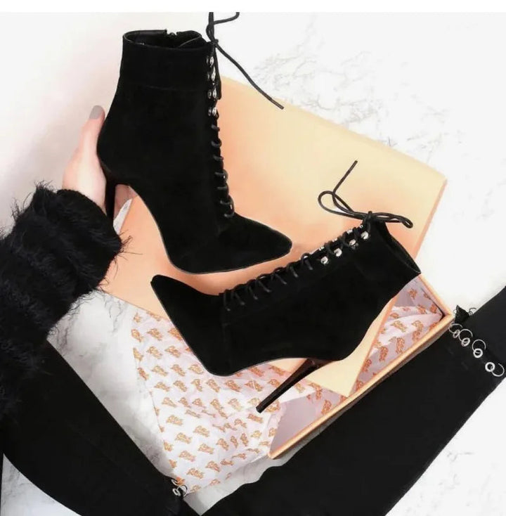 Maramalive™ New Flock Ankle Boots Women For Autumn Winter Fashion Pointed Toe Thin Heels Zipper Rivet Woman Chelsea Boots UIK8