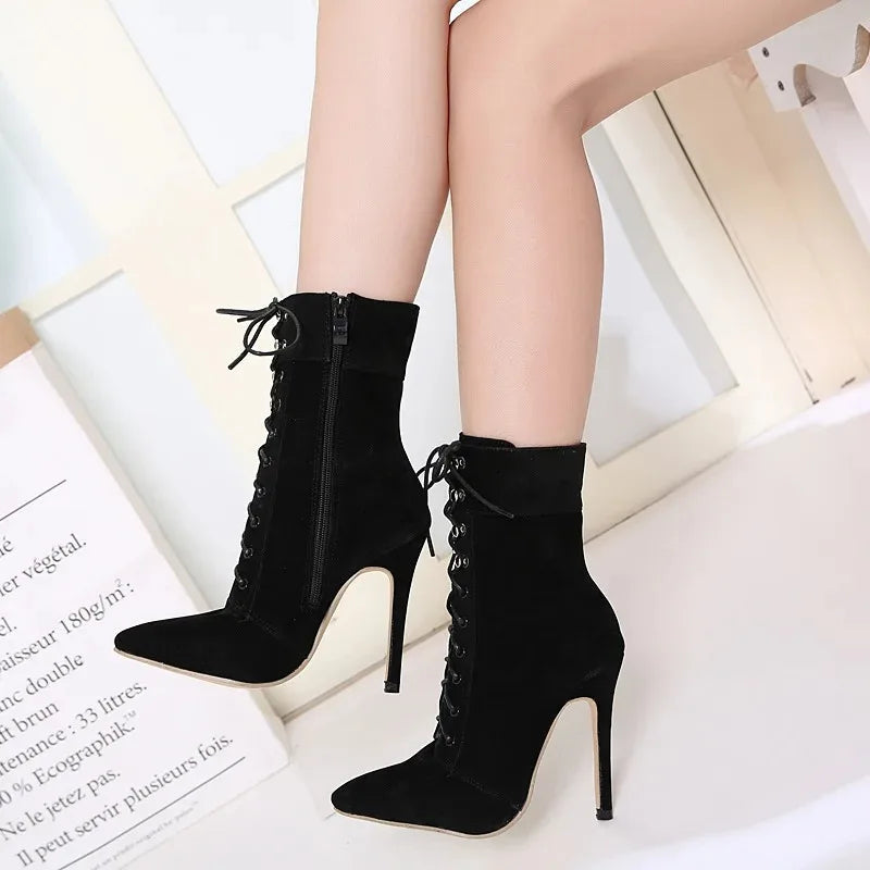 Maramalive™ New Flock Ankle Boots Women For Autumn Winter Fashion Pointed Toe Thin Heels Zipper Rivet Woman Chelsea Boots UIK8