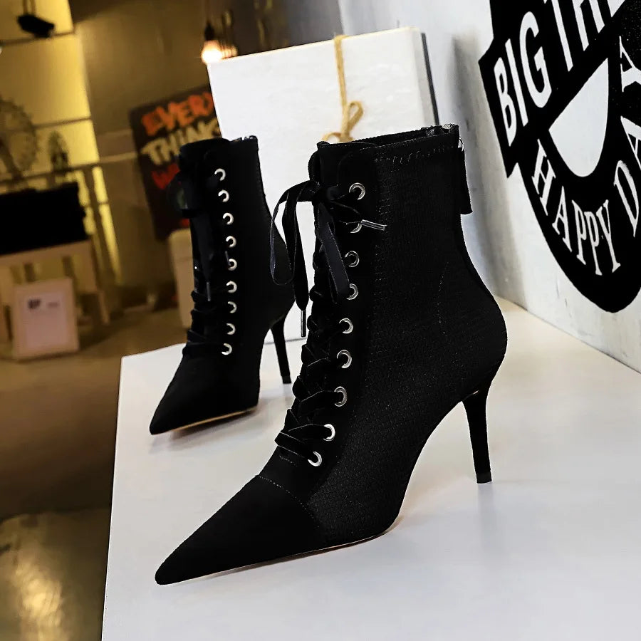 Maramalive™ New Punk Women Ankle Boots Lace Up Pointed Toe high heel Black Chelsea Boots Pumps 8CM Shoes for Women Suede Boots