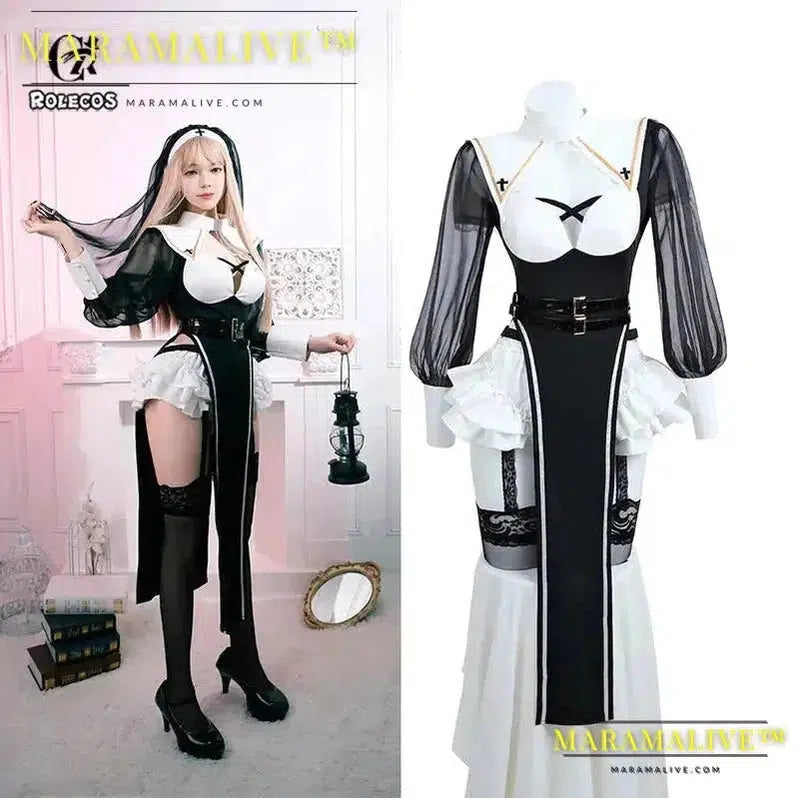 Maramalive™ Nun Cosplay Costume Women Uniform Set-Party Halloween Outfit Adult Nun Dress Black Apparel Masquerade Show Costumes