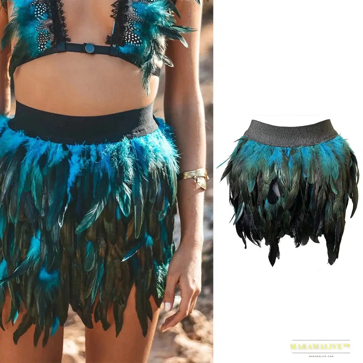 Maramalive™ Peacock Blue Irregular Colorful Feather Skirt – Handmade Festival Carnival Party Ball Fashion Skirt