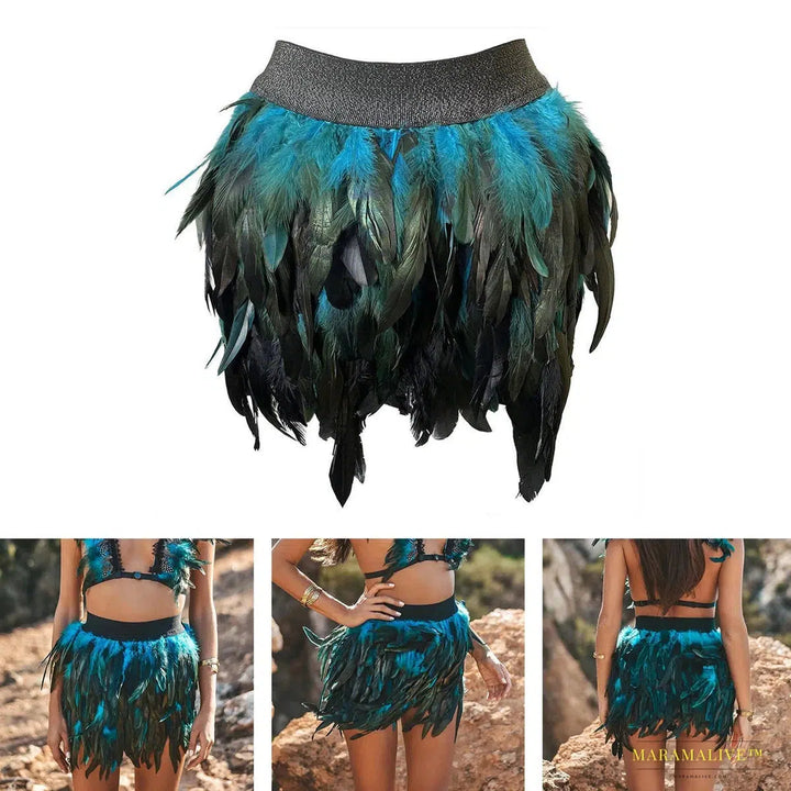 Maramalive™ Peacock Blue Irregular Colorful Feather Skirt – Handmade Festival Carnival Party Ball Fashion Skirt