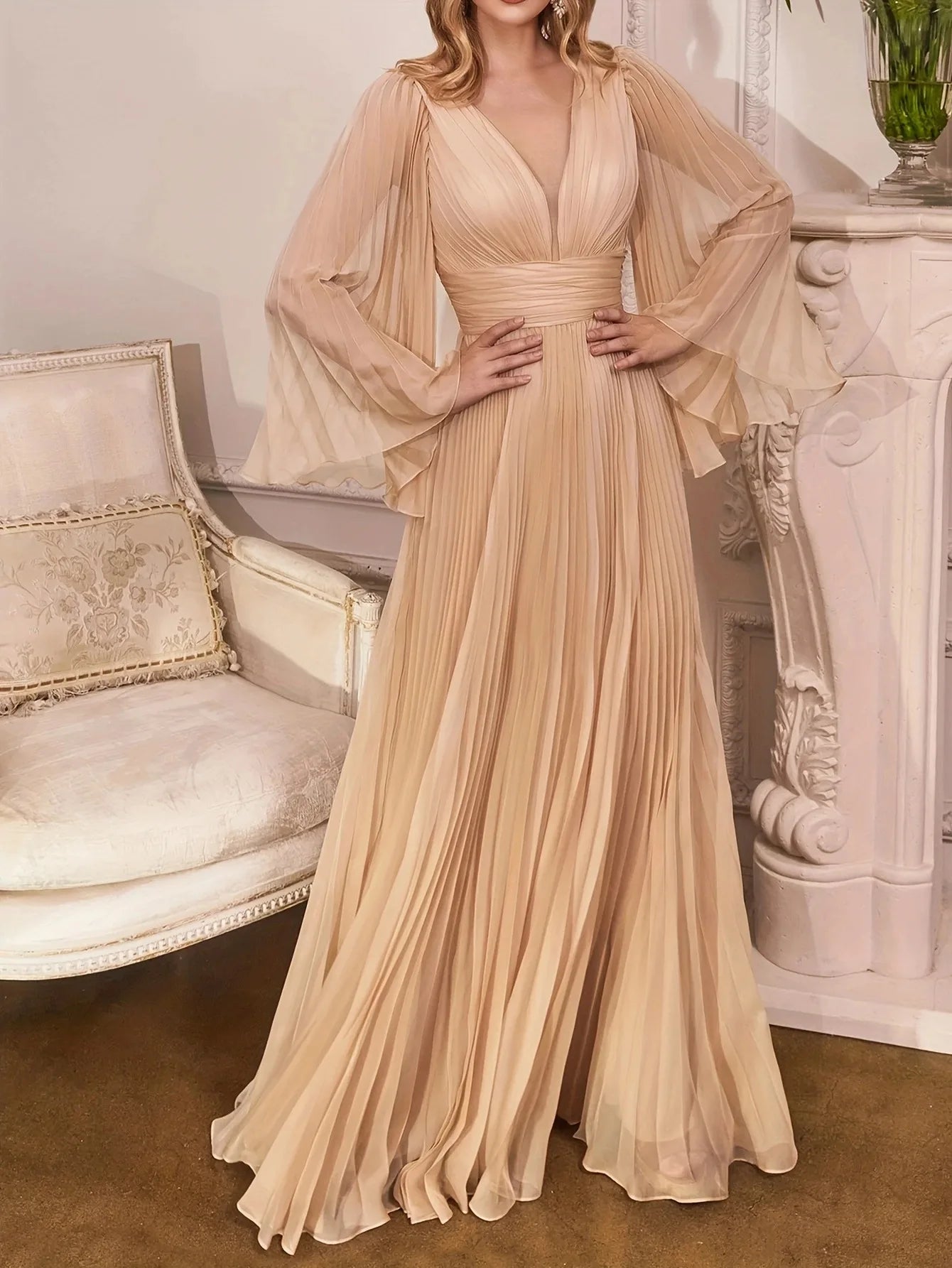 Maramalive™ Plus Size Pleated Elegant Dress Female Solid V Neck Clothing Luxury Dinner Evening Long Robe 2024 Spring Women Party Dress