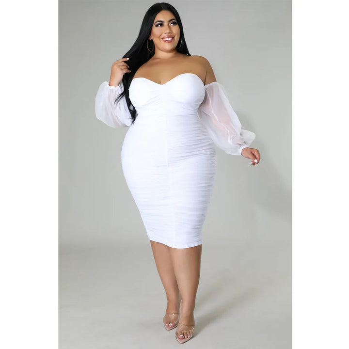 Maramalive™ Plus Size Ruched Party Dress Female Mesh Off Shoulder Luxury Prom Evening Dinner Robe Autumn Elegant Pretty Women Midi Dress