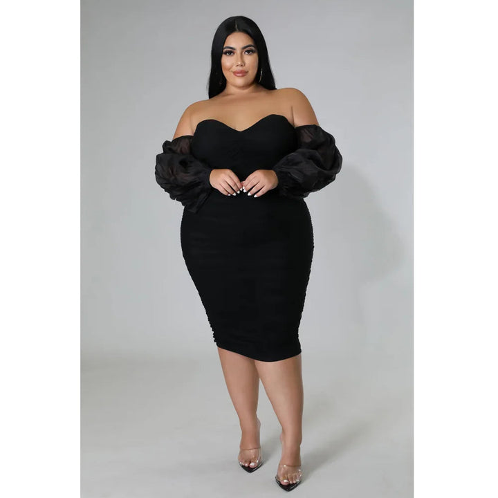 Maramalive™ Plus Size Ruched Party Dress Female Mesh Off Shoulder Luxury Prom Evening Dinner Robe Autumn Elegant Pretty Women Midi Dress