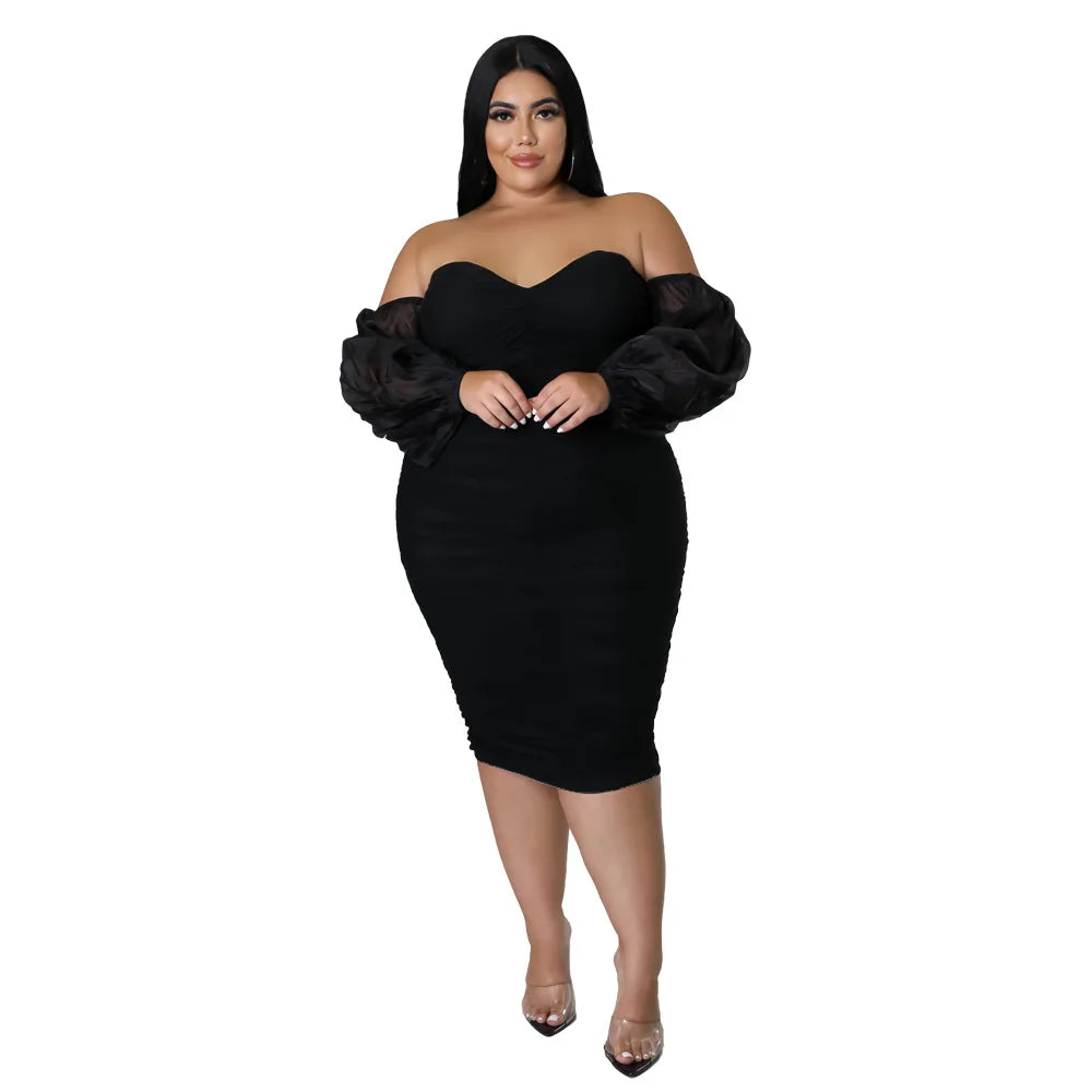 Maramalive™ Plus Size Ruched Party Dress Female Mesh Off Shoulder Luxury Prom Evening Dinner Robe Autumn Elegant Pretty Women Midi Dress