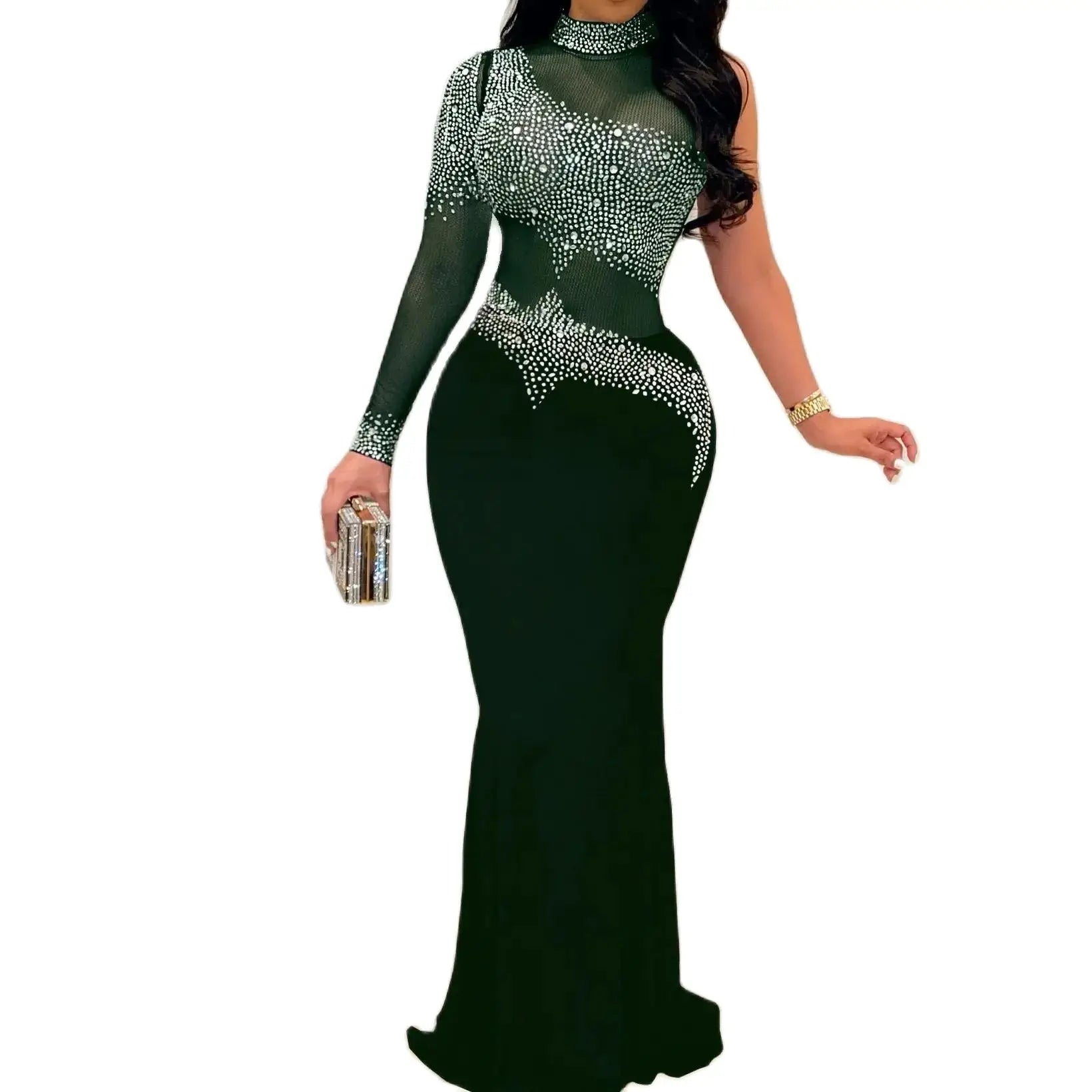 Maramalive™ Plus Size Sheer Rhinestone Party Dress Female Luxury Dinner Prom Lady Evening Robe Summer Elegant And Pretty Women Dresses