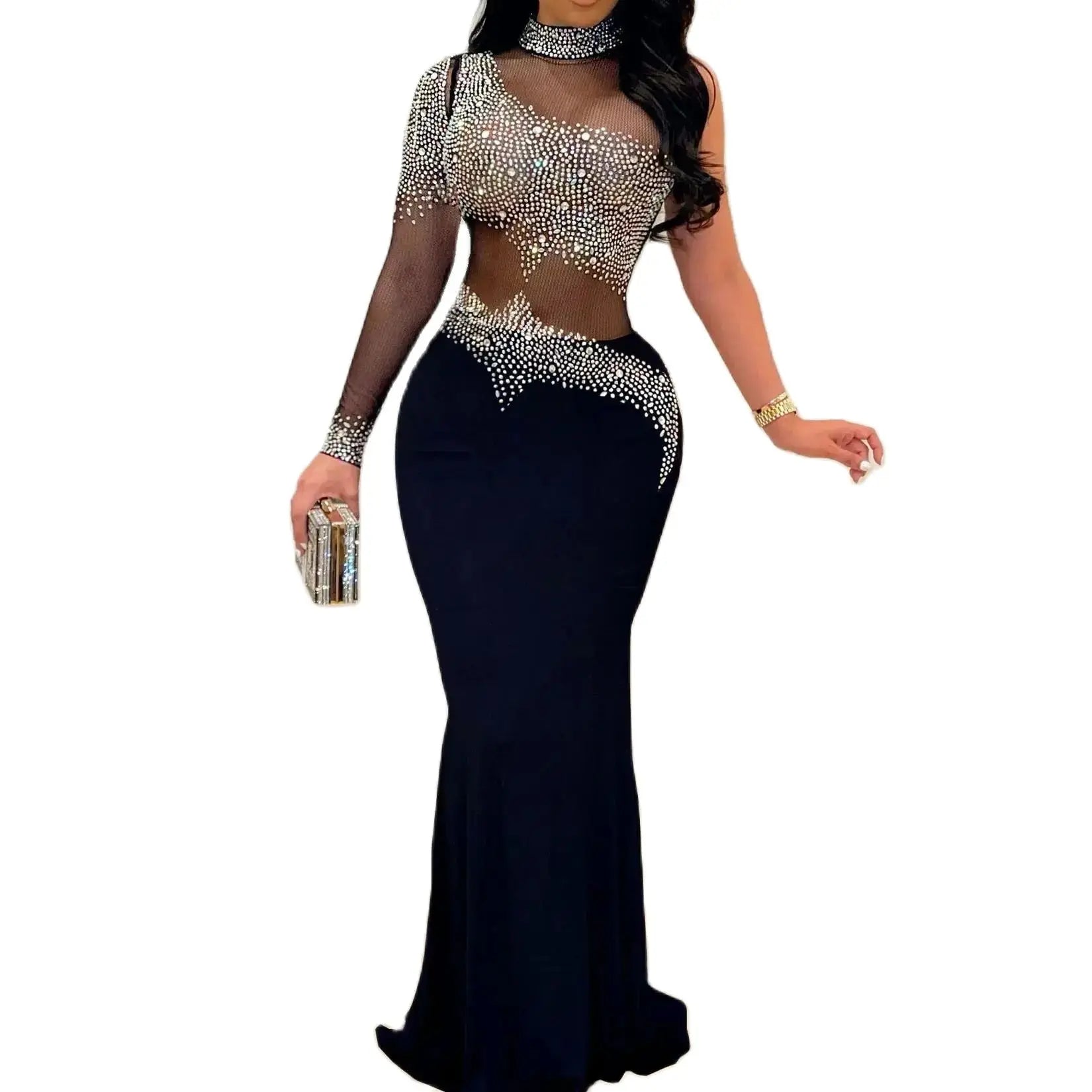 Maramalive™ Plus Size Sheer Rhinestone Party Dress Female Luxury Dinner Prom Lady Evening Robe Summer Elegant And Pretty Women Dresses