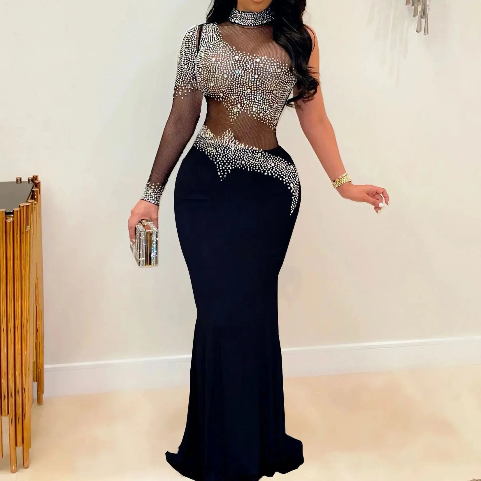 Maramalive™ Plus Size Sheer Rhinestone Party Dress Female Luxury Dinner Prom Lady Evening Robe Summer Elegant And Pretty Women Dresses