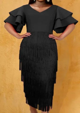 Maramalive™ Plus Size Tassel Party Dress Female Ruffle Luxury Dinner Prom Lady Fringed Evening Robe Summer Elegant Pretty Women Midi Dresses