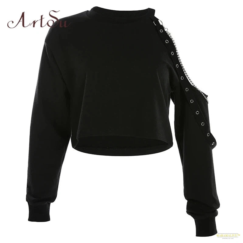 Maramalive™ Punk Chain Off Shoulder T Shirt Women Long Sleeve Sexy Sweatshirt Casual Solid Crop Top Autumn Clothes ASTS60491