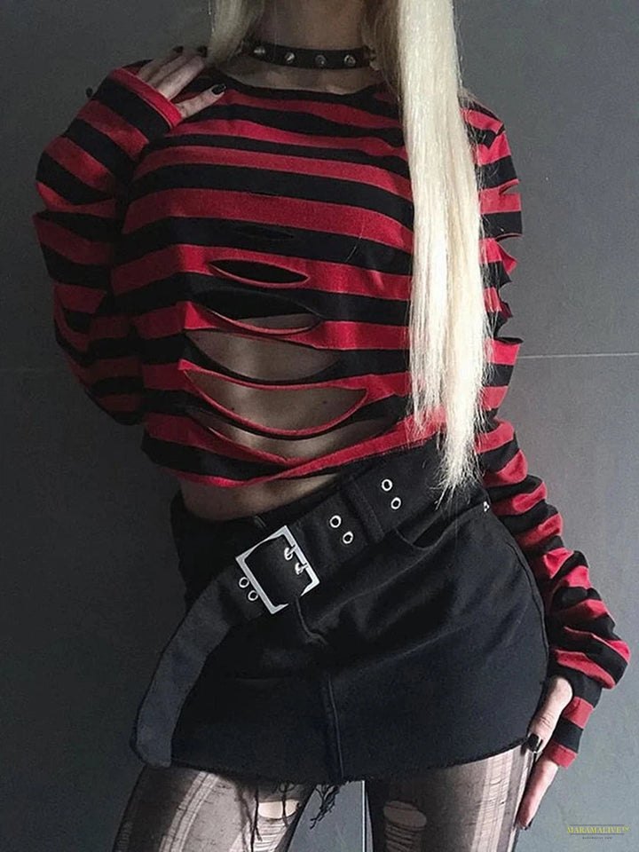 Maramalive™ Punk Style Crop Tops Dark Academia Striped Hollow Out T Shirt Cyber Mall Goth E-girl Long Sleeve Tees Grunge Clothes