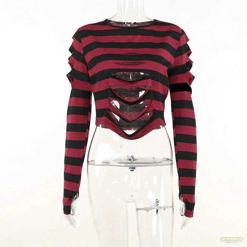 Maramalive™ Punk Style Crop Tops Dark Academia Striped Hollow Out T Shirt Cyber Mall Goth E-girl Long Sleeve Tees Grunge Clothes