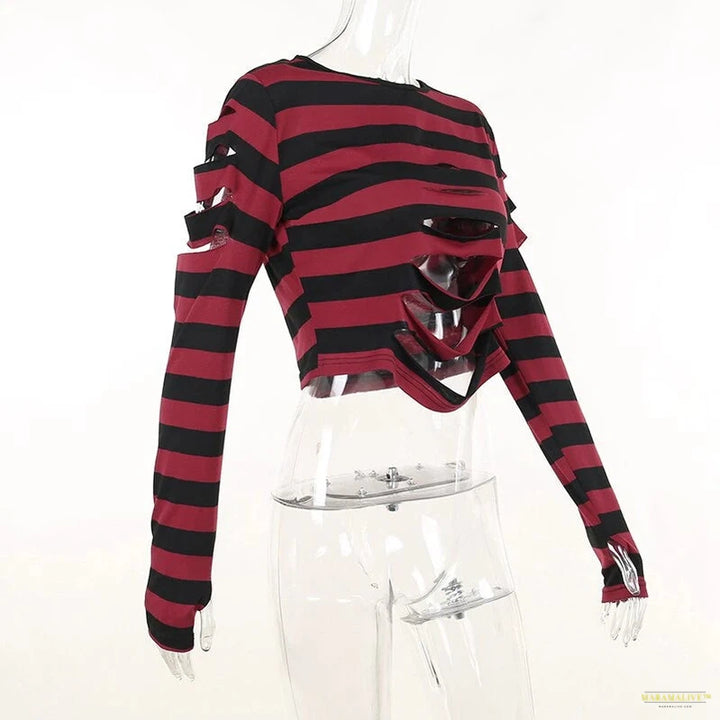 Maramalive™ Punk Style Crop Tops Dark Academia Striped Hollow Out T Shirt Cyber Mall Goth E-girl Long Sleeve Tees Grunge Clothes