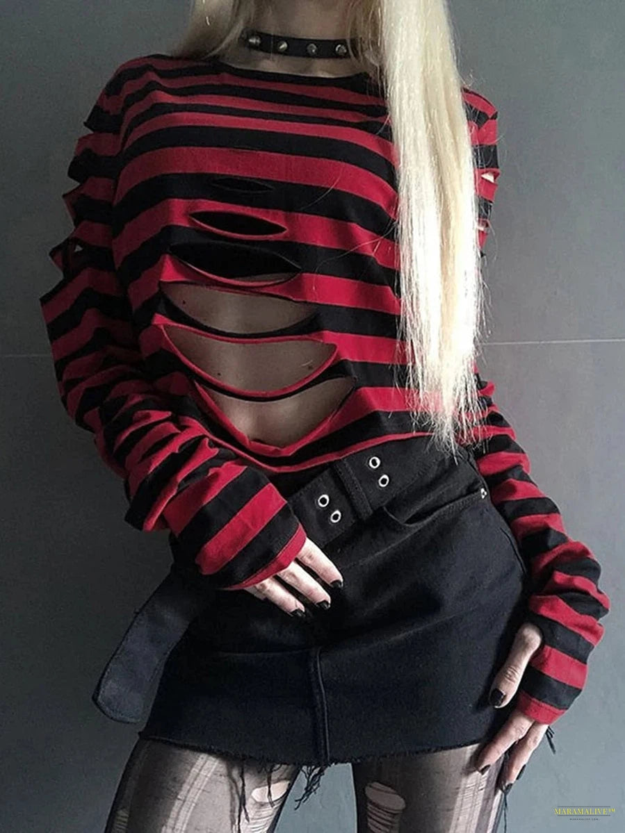 Maramalive™ Punk Style Crop Tops Dark Academia Striped Hollow Out T Shirt Cyber Mall Goth E-girl Long Sleeve Tees Grunge Clothes