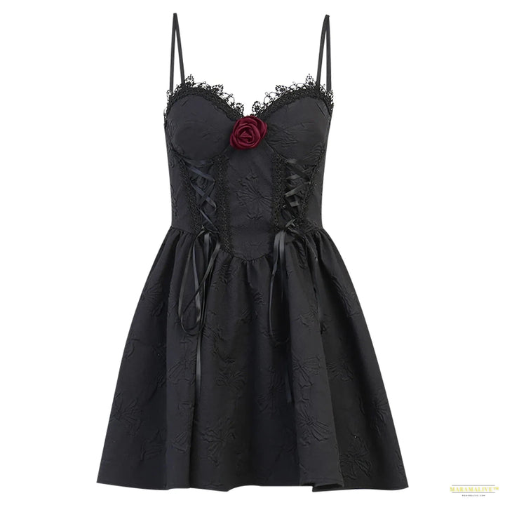 Maramalive™ Punk Style Tie Up Mall Gothic Elegant Women Dresses Grunge Aesthetic Jacquard Rose Dress Emo Lace Trim Black Party Alt Clothes