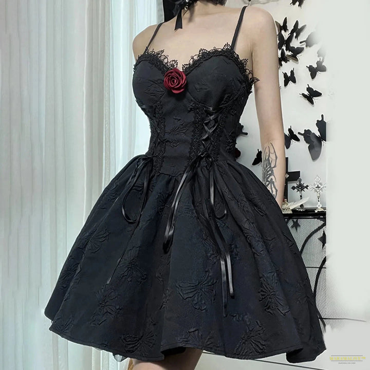 Maramalive™ Punk Style Tie Up Mall Gothic Elegant Women Dresses Grunge Aesthetic Jacquard Rose Dress Emo Lace Trim Black Party Alt Clothes