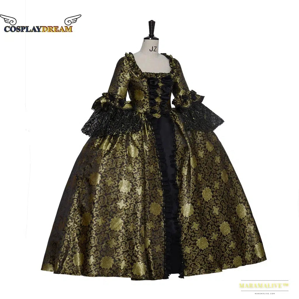 Maramalive™ Queen Charlotte Cosplay Gold & Black Dress - Rococo Marie Antoinette Ball Gown - Elizabethan Colonial Royalty Costume