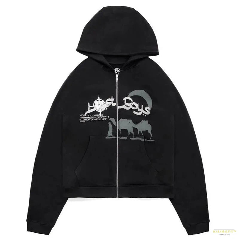 Maramalive™ Rhinestone Cobweb Zip Up Oversized Sweatshirt 2022 Autumn Goth Hoodie Men Women Grunge Hooded Jacket Streetwear Y2K Clothing