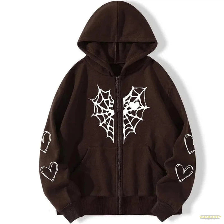 Maramalive™ Rhinestone Cobweb Zip Up Oversized Sweatshirt 2022 Autumn Goth Hoodie Men Women Grunge Hooded Jacket Streetwear Y2K Clothing